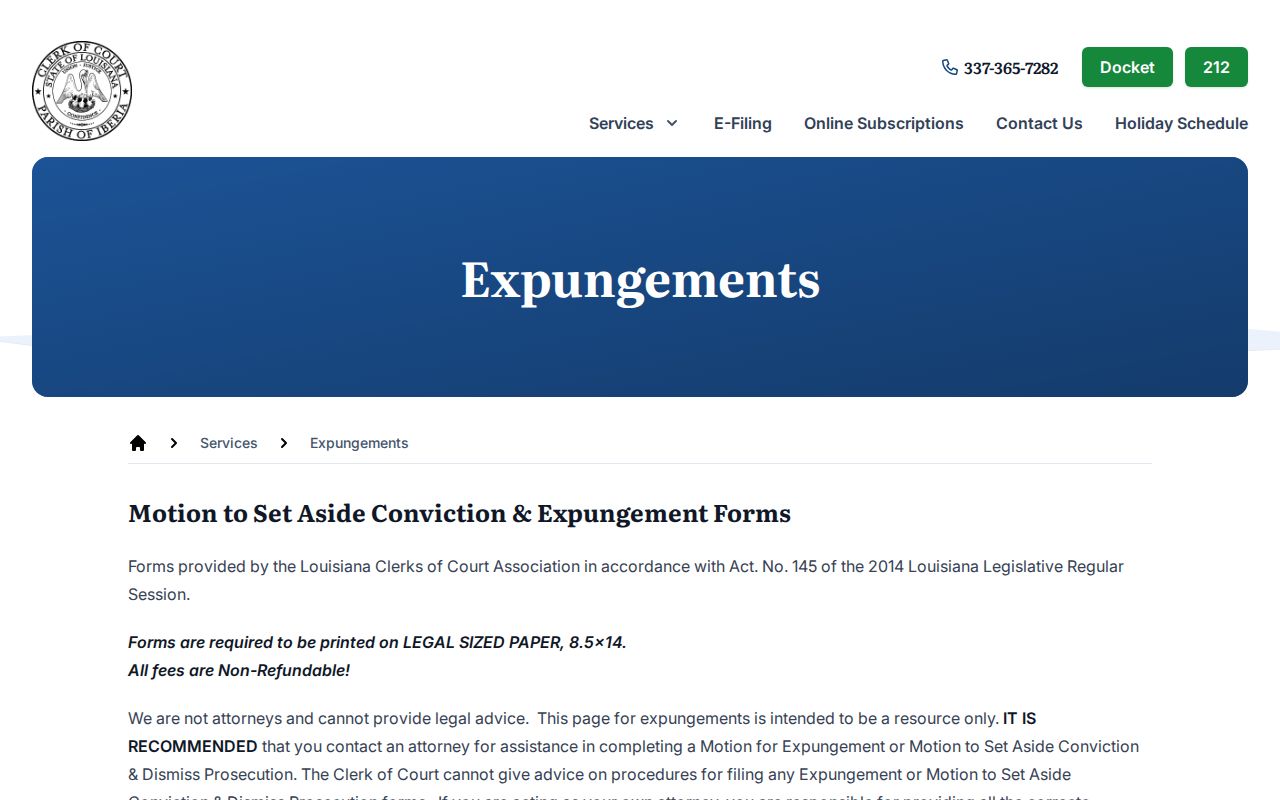 Iberia Parish expungement instructions for an eligible Delcambre case