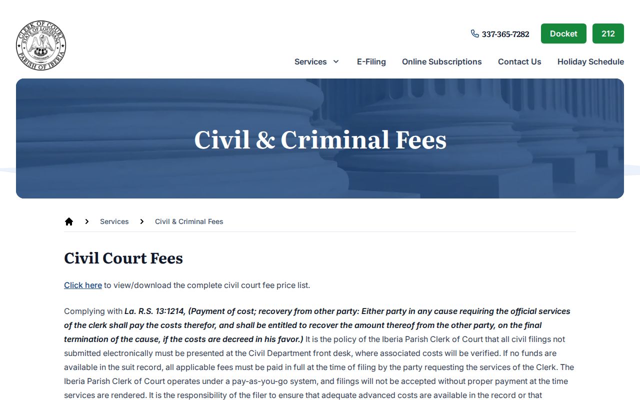 Iberia Parish criminal court case copy and certification fees