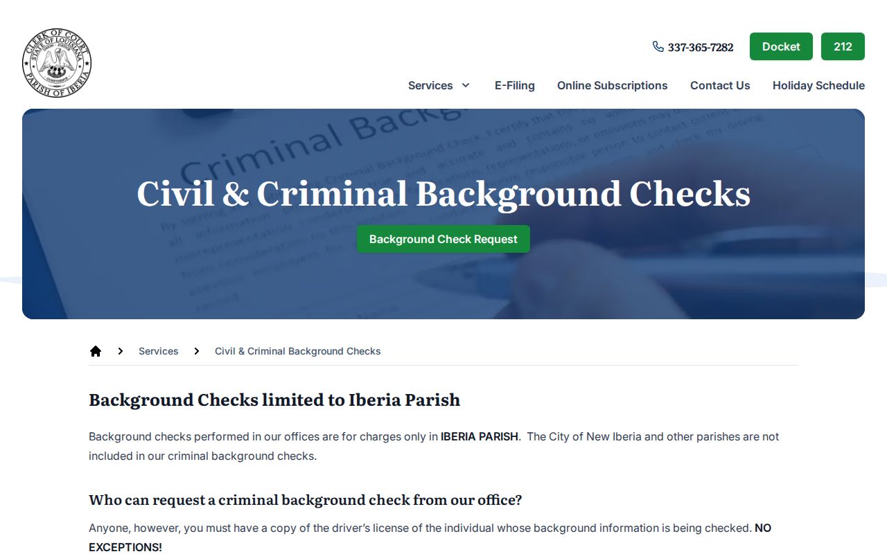 Iberia Parish Clerk background check instructions