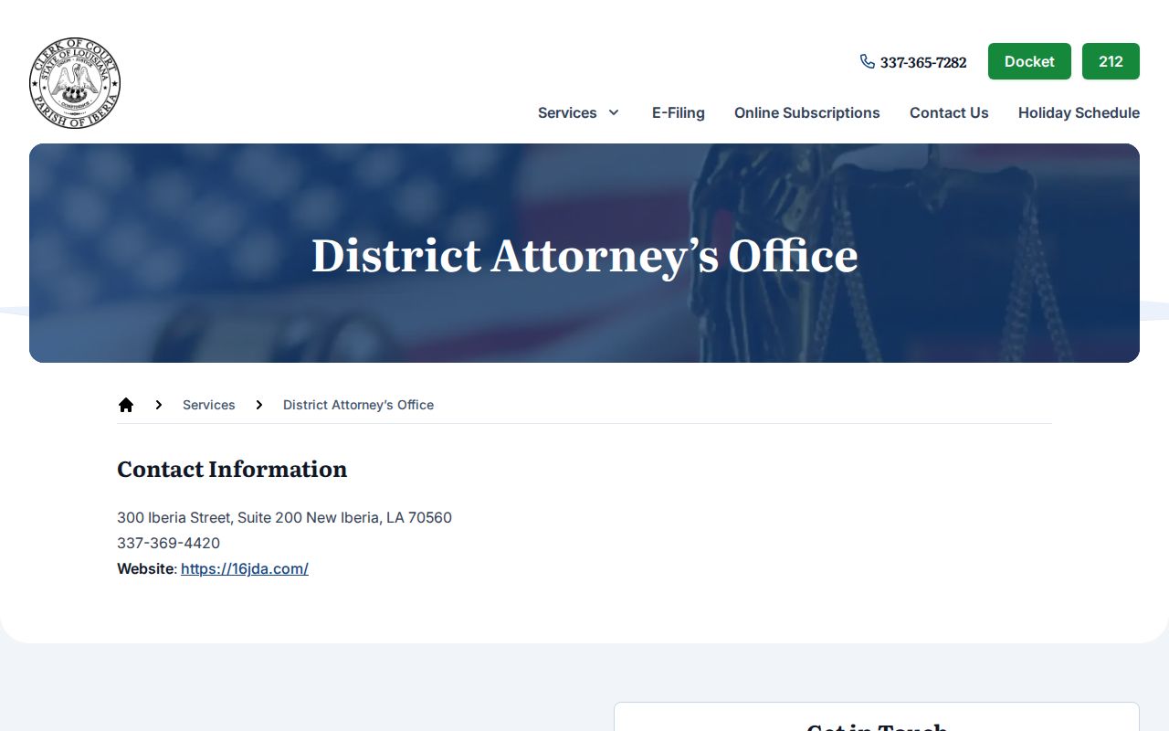 Official 16th Judicial District Attorney contact route for New Iberia cases
